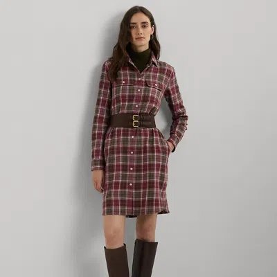 Ralph Lauren Checked Plaid Belted Cotton Shirtdress In Burgundy
