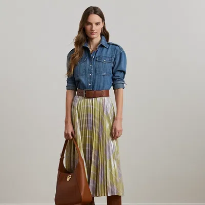Ralph Lauren Checked Plaid Pleated Georgette Skirt In Green Multi