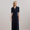 Ralph Lauren Lillianna Elbow Sleeve Day Dress In Lauren Navy/relic Gold