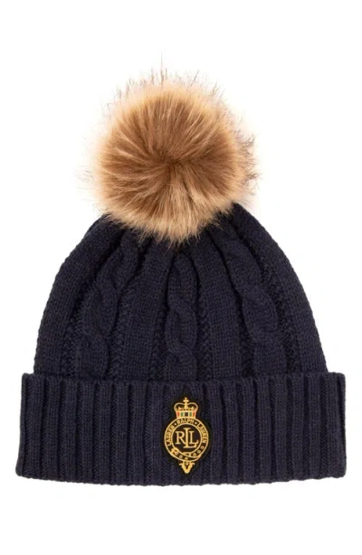 Lauren Ralph Lauren Crest Cable Knit Beanie With Faux Fur Pompom In Navy