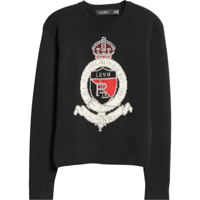Ralph Lauren Lauren  Crest Cotton Graphic Crewneck Sweater In Black Multi