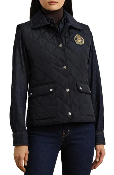 Ralph Lauren Lauren  Crest Patch Quilted Vest In Dark Navy