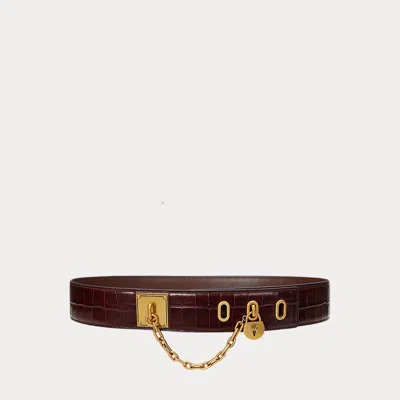Ralph Lauren Croc-embossed Chain Padlock Wide Belt In Dark Mahogany