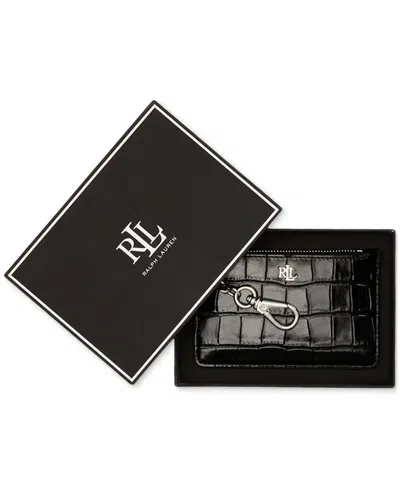 Ralph Lauren Croc-embossed Leather Zip Card Case In Black