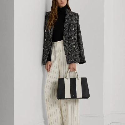 Lauren Ralph Lauren Crosshatch Leather Large Hanna Satchel In Black/soft White Stripe