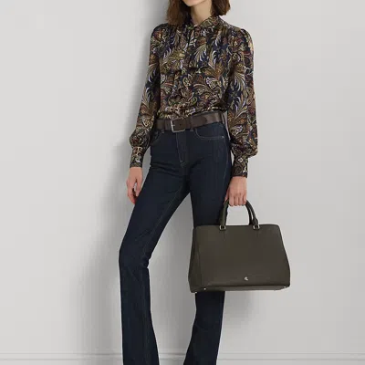 Ralph Lauren Crosshatch Leather Large Hanna Satchel In Dark Olive