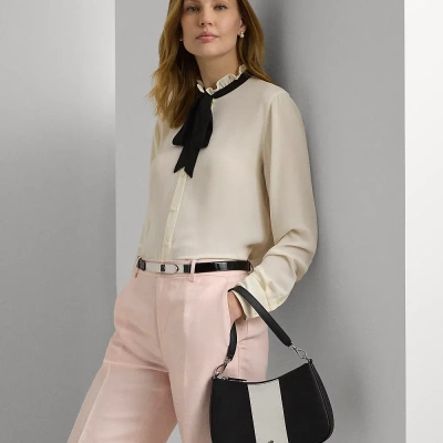 Lauren Ralph Lauren Crosshatch Leather Medium Danni Bag In Black/soft White Stripe