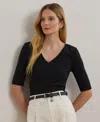 Ralph Lauren Stretch Cotton Elbow-sleeve V-neck Tee In Black