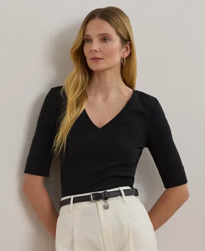 Ralph Lauren Stretch Cotton Elbow-sleeve V-neck Tee In Black