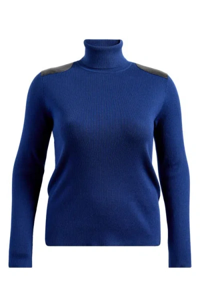 Ralph Lauren Lauren  Embellished Rib Cotton Blend Turtleneck Top In Holiday Navy