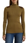 Ralph Lauren Lauren  Embellished Rib Cotton Blend Turtleneck Top In Honey Tan