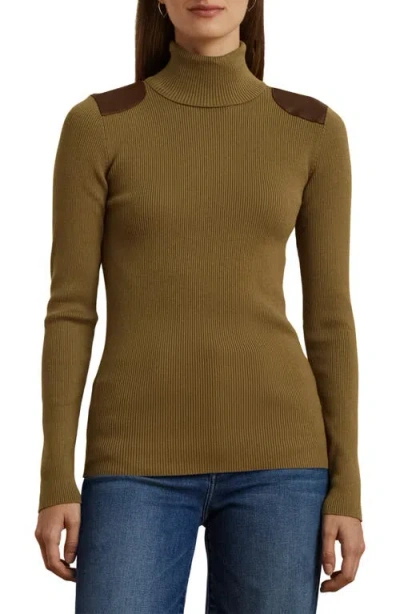 Ralph Lauren Lauren  Embellished Rib Cotton Blend Turtleneck Top In Honey Tan