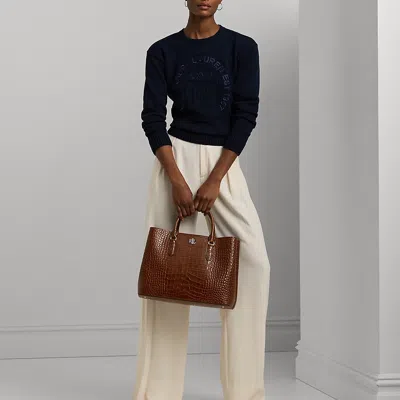Ralph Lauren Embossed Leather Large Marcy Satchel In Tobacco