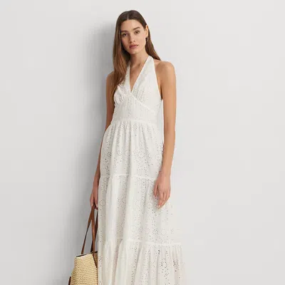 Lauren Ralph Lauren Eyelet Cotton Tiered Halter Dress In White