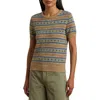Ralph Lauren Lauren  Fair Isle Short Sleeve Cotton & Linen Sweater In Brown Multi