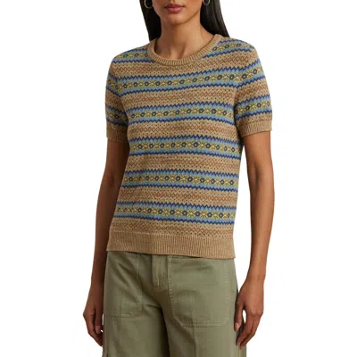 Ralph Lauren Lauren  Fair Isle Short Sleeve Cotton & Linen Sweater In Brown Multi