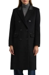 Ralph Lauren Lauren  Faux Leather Trim Double Breasted Wool Blend Reefer Coat In Black