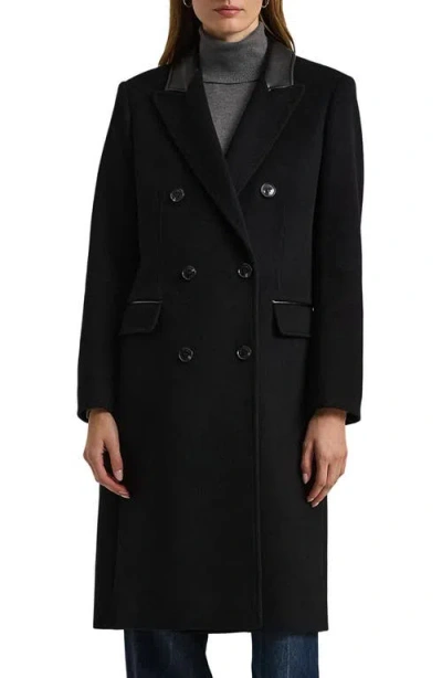 Ralph Lauren Lauren  Faux Leather Trim Double Breasted Wool Blend Reefer Coat In Black