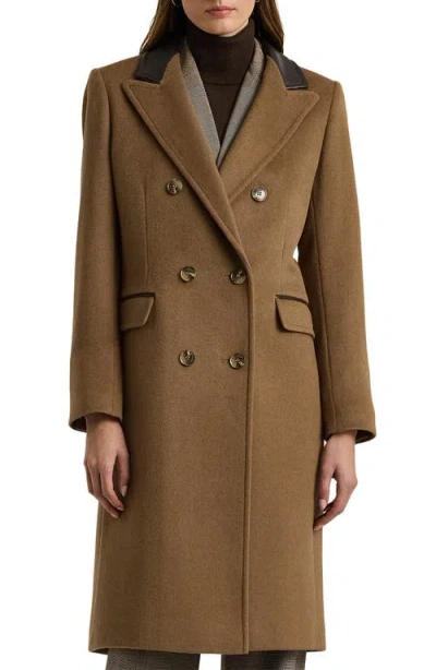 Ralph Lauren Lauren  Faux Leather Trim Double Breasted Wool Blend Reefer Coat In New Vicuna