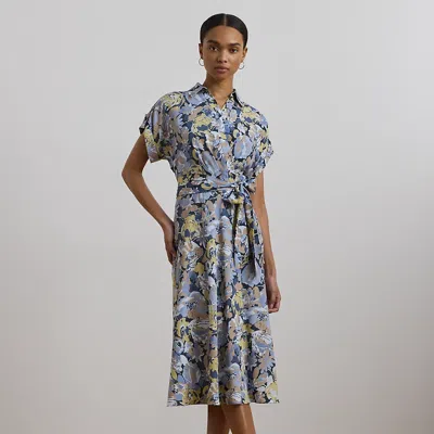 Ralph Lauren Floral Belted Crepe Dress In Blue Multi