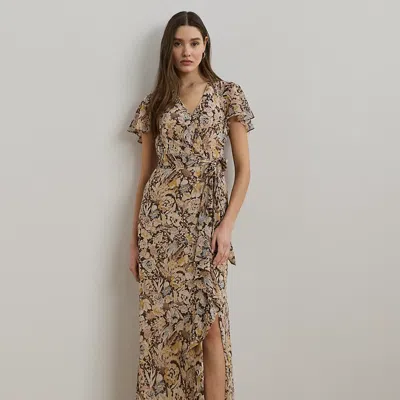 Ralph Lauren Floral Belted Flutter-sleeve Gown In Brown Multi