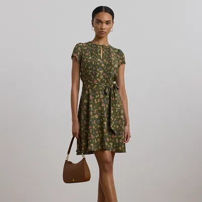 Ralph Lauren Floral Belted Georgette Pintucked Dress In Olive Multi