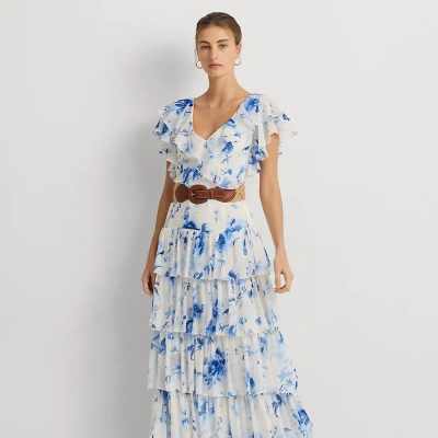 Lauren Ralph Lauren Floral Belted Georgette Tiered Gown In White/blue