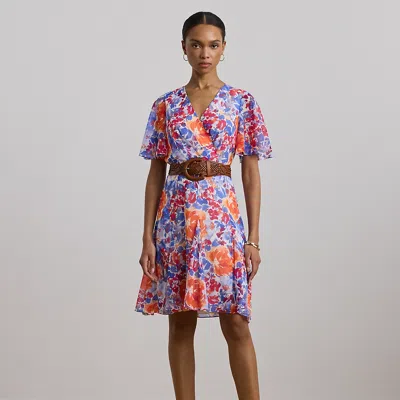 Ralph Lauren Floral Crinkle Georgette Surplice Dress In White Multi