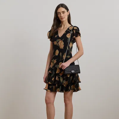 Ralph Lauren Floral Georgette Drop-waist Dress In Black Multi