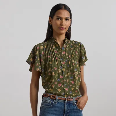 Ralph Lauren Floral Georgette Flutter-sleeve Shirt In Olive Multi