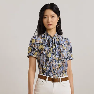 Ralph Lauren Floral Georgette Puff-sleeve Shirt In Blue Multi
