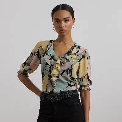 Ralph Lauren Floral Georgette Ruffle-trim Blouse In Black/pink/green