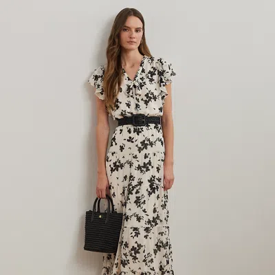 Ralph Lauren Floral Georgette Tie-neck Maxidress In Cream,black