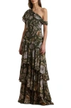 Ralph Lauren Lauren  Floral One-shoulder Georgette Gown In Olive Multi