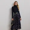 Ralph Lauren Floral Pleated Satin Charmeuse Skirt In Navy Multi