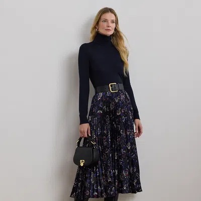 Ralph Lauren Floral Pleated Satin Charmeuse Skirt In Navy Multi