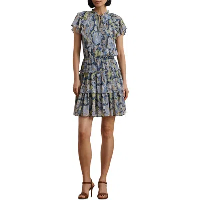 Ralph Lauren Lauren  Floral Ruffle Crinkle Georgette Dress In Blue Multi
