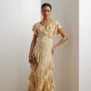 Ralph Lauren Floral Ruffle-trim Georgette Gown In Cream/tan