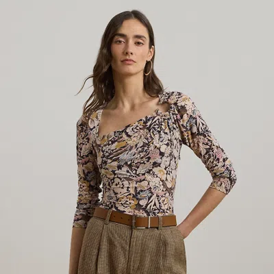 Ralph Lauren Floral Stretch Jersey Asymmetrical Top In Brown Multi