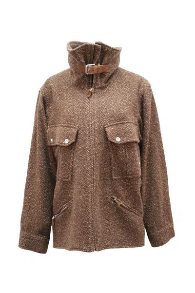 Ralph Lauren Full Zip Jacket With Buckle Tab Collar In Brown Wool