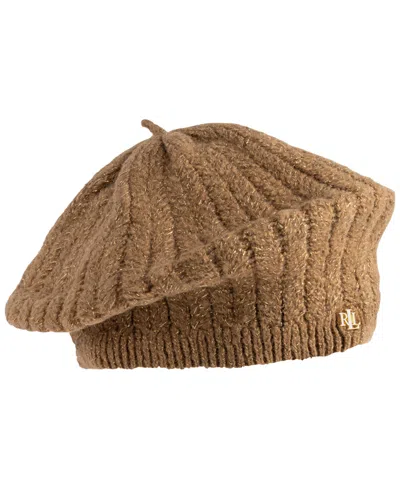 Ralph Lauren Fuzzy Cable Knit Beret Hat In Honey Tan