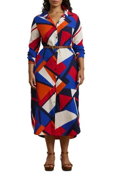Ralph Lauren Lauren  Geo Print Long Sleeve Shirtdress In Blue Multi
