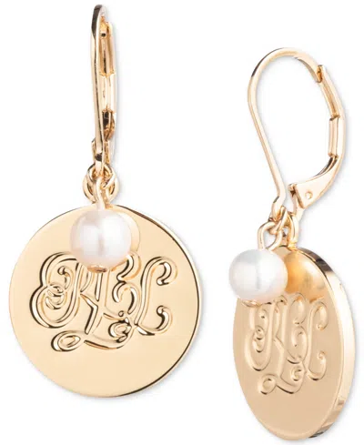 Lauren Ralph Lauren Gold-tone Logo Charm & Freshwater Pearl Drop Earrings In White