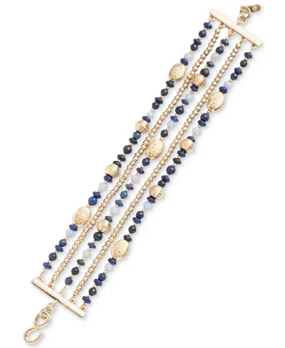 Lauren Ralph Lauren Gold-tone Natural Stone Beaded Multi-row Flex Bracelet In Blue
