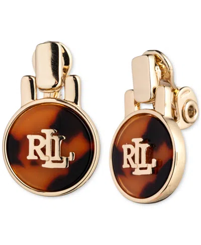 Lauren Ralph Lauren Gold-tone Tortoise-look Logo Clip-on Drop Earrings In Dark Brown