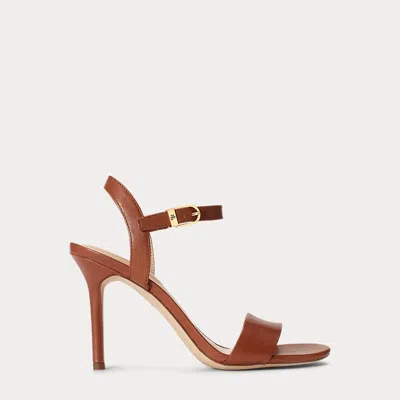 Ralph Lauren Lauren  Gwen Burnished Leather Sandal Woman Sandals Brown Size 9.5 Leather In Deep Saddle Tan