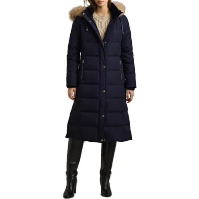 Ralph Lauren Lauren  Heritage Down & Feather Fill Puffer With Faux Fur Trim Removable Hood In Dark Navy Blue