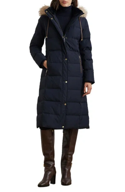 Ralph Lauren Lauren  Heritage Down & Feather Fill Puffer With Faux Fur Trim Removable Hood In Dark Navy Blue