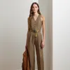 Ralph Lauren Houndstooth Belted Linen Jumpsuit In Brown/tan Multi