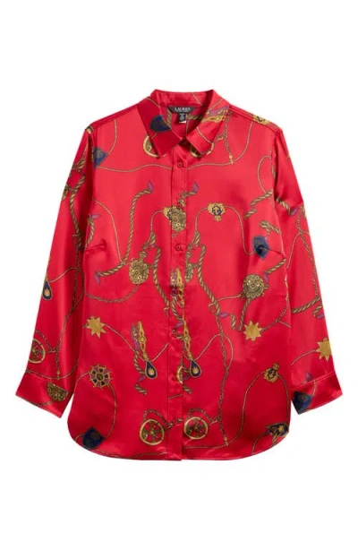 Ralph Lauren Lauren  Jamelko Chain Print Charmeuse Button-up Shirt In Red Multi